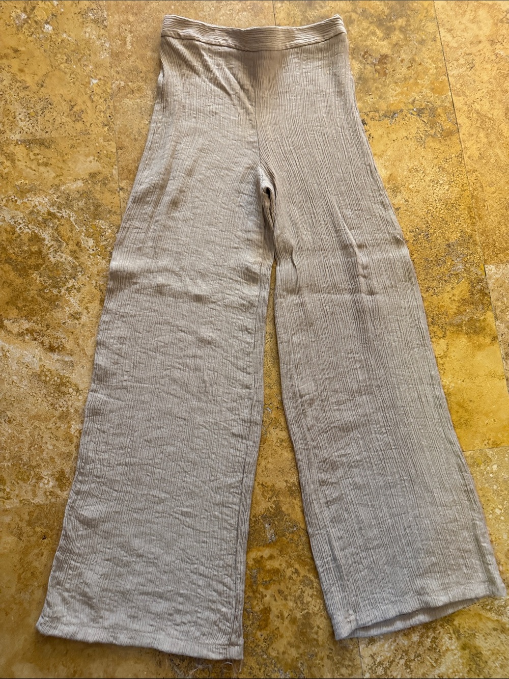 Zara Ribbed Elastic Waist Pants - Beige